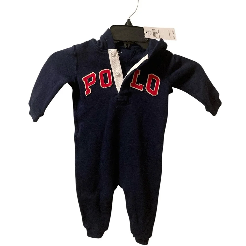 Ralph Lauren Navy Blue Polo One Piece Romper‎ Jumpsuit Baby 9m Hoodie NWT